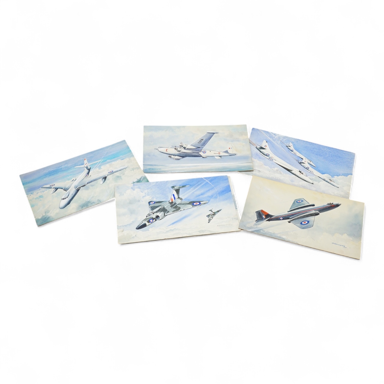 A F D Bannister, set of six original watercolours for postcard designs, RAF aircraft to include Vickers Armstrong's Valiant, Super Marine Swift and Gloster Javelin F, each signed, 15 x 26cm, unframed. Condition - good